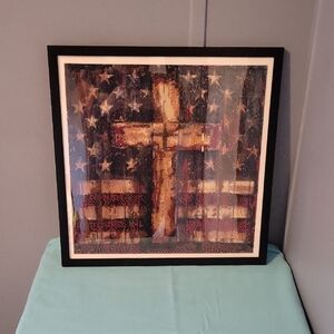 🆕️ Homemade Patriotic American Flag with cross Diamond Art w/ black frame 16x16